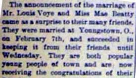 Marriage Notice for Louis VOYE to Mae Beatty, 7 Feb 1907