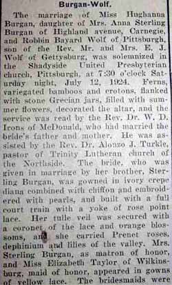 Part 1 Marriage Notice for Robbin Bayard WOLF to Hughanna Burgan, 12 Jul 1924