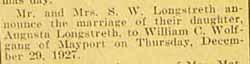 Marriage Notice of William C. WOLFGANG to Augusta LONGSTRETH December 20, 1927