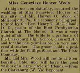 Marriage Notice for Harvey O. WOOD to Genevieve Hoover, no date, in 9-20-1912 paper