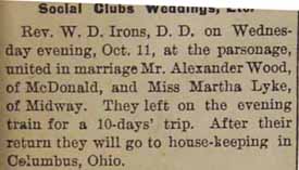 Marriage Notice for Alexander WOOD to Martha Lyke, 11 Oct 1905