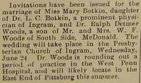 Marriage Notice for Ralph Detmer WOODS to Mary Botkin, 24 Jun 1908