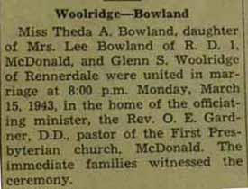 Marriage Notice for  Glenn S. WOOLRIDGE to Theda A. Bowland, 15 Mar 1943