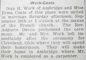 Marriage Notice for Ivan H. WORK to Erma Cenis, 26 Sep 1925