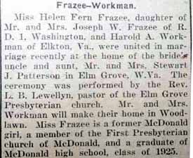 Marriage Notice for Harold A. WORKMAN to Helen Fern Frazee, no date, in 11-26-1926 paper
