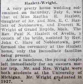 Marriage Notice for Everett K. WRIGHT to Martha E. Hazlett, 6 Jul 1929