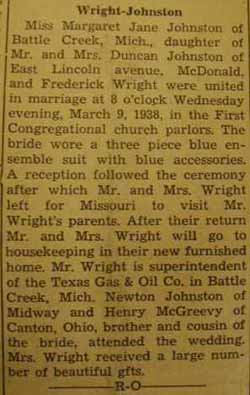Marriage Notice for Frederick WRIGHT to Margaret Jane Johnston, 9 Mar 1938