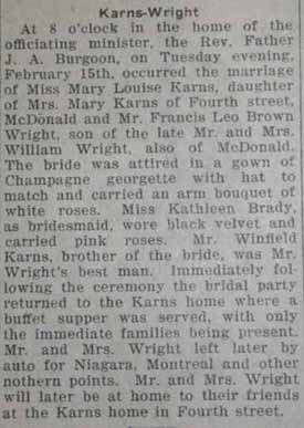 Marriage Notice for Leo Brown WRIGHT to Mary Louise Karns, 15 Jan 1927