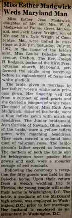Marriage Notice for Jack Leroy WRIGHT to Esther Jean Madgwich, 20 Jul 1947
