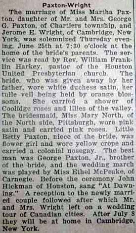 Marriage Notice for Jerome E. WRIGHT to Martha Paxton, 25 Jun 1925