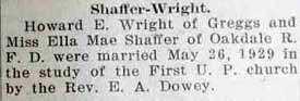 Marriage Notice for Howard E. WRIGHT to Ella Mae Shaffer, 26 May 1929
