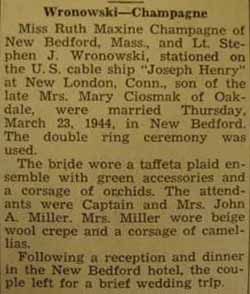 Marriage Notice for Stephen J. WRONOWSKI to Ruth Maxine Champagne, 23 Mar 1944