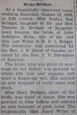 Part 1 Marriage Notice for John Ackleson WYKE to Evelyn Rae Bridges, 13 Aug 1938