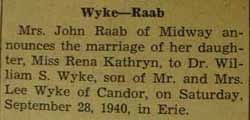 Marriage notice for William S. WYKE to Rena Kathryn Raab, 28 Sep 1940