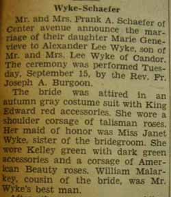 Part 1 Marriage notice for Alexander Lee WYKE to Marie Genevieve Schaefer, 15 Sep 1936