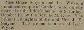 Marriage Notice for 
Lee WYKE to Grace Smyers, 19 Oct 1912