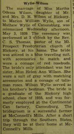 Part 1 Marriage Notice for Marion William WYLIE to Martha Odessa Wilson, 3 May 1939