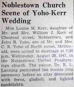 Part 1 Marriage Notice for John R. YOHO to Louise M. Kerr, 20 Aug 1947