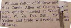 Marriage Notice for William YOLTON to Miss Carrie ALLEN, Dec. 24, 1914
