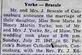 Part 1 Marriage Notice for Henry Martin YORKE to Rose Marie Bracale, 27 Jul 1947