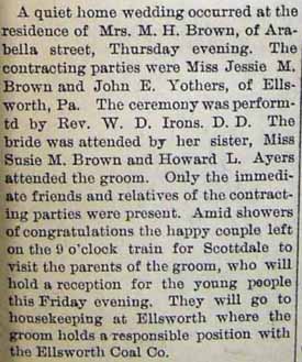 Marriage Notice for John E. YOTHERS to Jessie M. Brown, no date, in 10-21-1905 paper