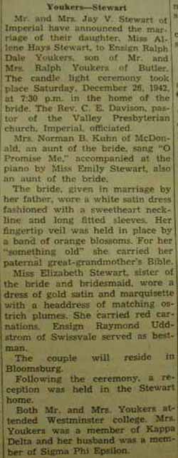 Marriage Notice for Ralph Dale YOUKERS to Allene Hays Stewart, 26 Dec 1942