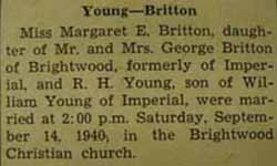 Marriage notice for Robert H. YOUNG to Margaret E. Britton, 14 Sep or 28 Sep 1940