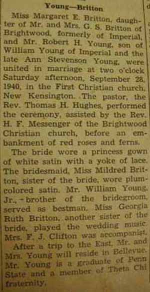 Second Marriage Notice for Robert H. YOUNG to Margaret E. Britton, 14 Sep or 28 Sep 1940