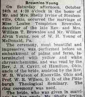 Part 1 Marriage Notice for William Alvin YOUNG to Louise Templeton Brownlee, 24 Oct 1925