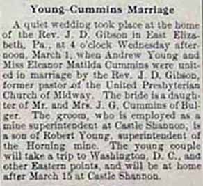 Marriage Notice for Andrew YOUNG to Miss Eleanor Matilda CUMMINS March 1, 1911
