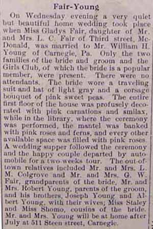 Marriage Notice for William H. YOUNG to Gladys Fair, no date, in 6-28-1912 paper