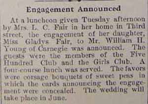 Engagement William H. YOUNG to Gladys Fair, no date, in May 31, 1912 paper