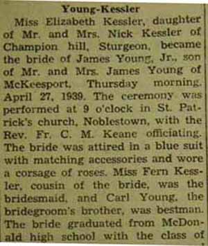 Part 1 Marriage Notice for James YOUNG, Jr. to Elizabeth Kessler, 27 Apr 1939
