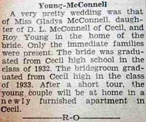 Marriage Notice for Roy YOUNG to Gladys McConnell, no date, in 12-21-1934 paper
