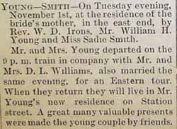 Marriage Notice for William H. YOUNG to Sadie Smith, 1 Nov 1892