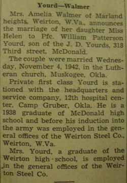 Marriage notice for William Patterson YOURD to Helen Walmer, 4 Nov 1942