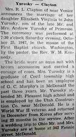 Marriage Notice for John YUROSKY to Elizabeth Virginia Clayton, 25 Oct 1947