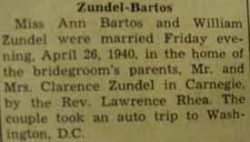 Marriage Notice for William ZUNDEL to Ann Bartos, 26 Apr 1940