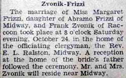 Marriage Notice for Frank ZVONIK to Margaret Frizzi, 26 Oct 1936