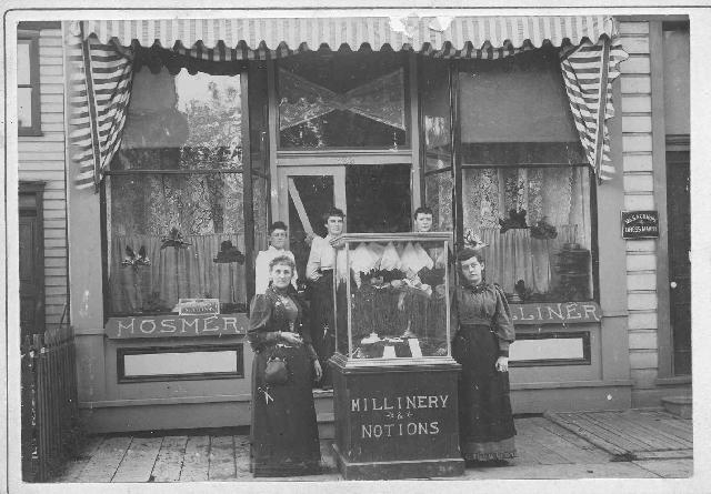 Mosmer Millinery and Notions - Five women Back row&nbsp; 1- Maude ?&nbsp; 2-
Mary Sharp ( we think)